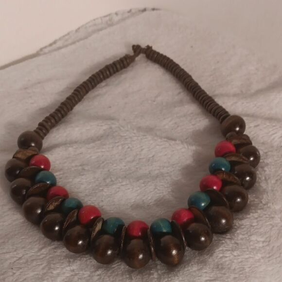 Brown and Multicolor Wood Beaded Necklace - Picture 1 of 4